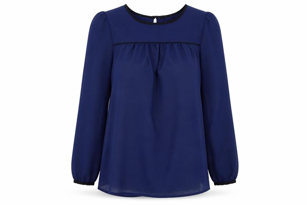Front view of H&M women’s blue tunic blouse, size UK 8