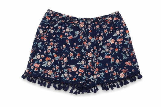 Front view of Shosho girls’ blue floral boyfriend shorts, size 7-8, years