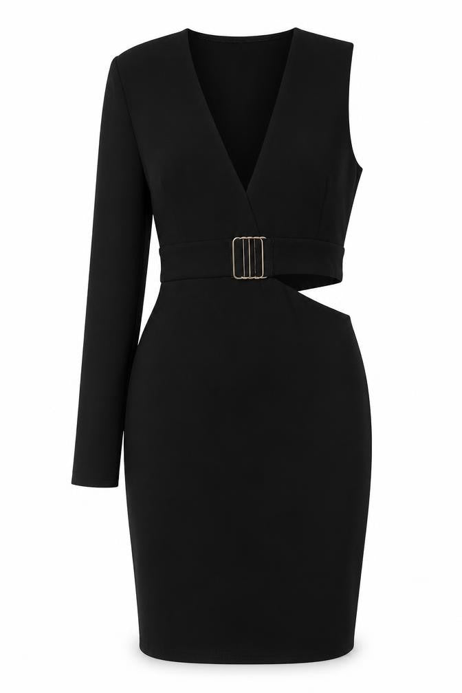 Front view of PRETTYLITTLETHING women’s black a-line, size UK 6