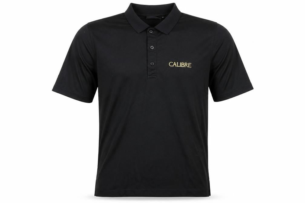 Front view of CALIBRE men’s black polo, size S
