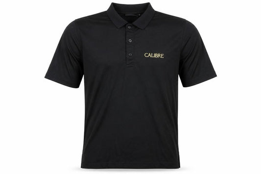 Front view of CALIBRE men’s black polo, size S