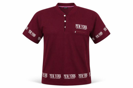 Front view of New York men’s red polo, size L, - new york