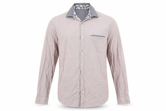 Front view of Atmosphere men’s red striped button-up, size M
