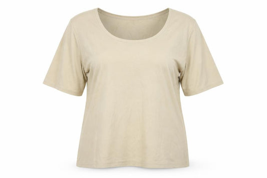 Front view of Aria women’s beige basic t-shirt, size UK 16