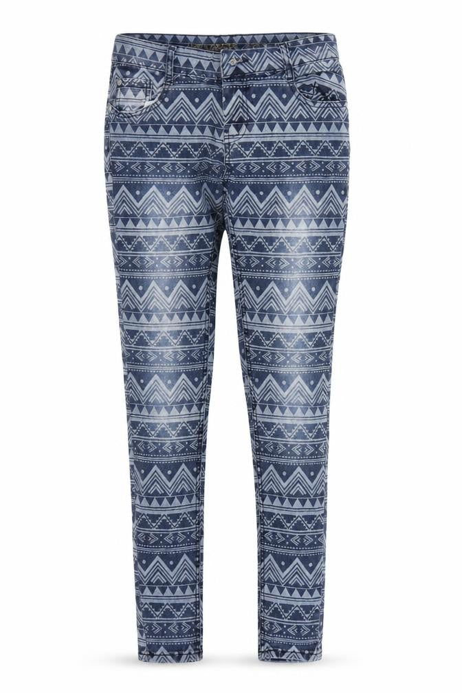 Front view of Primark women’s blue geometric denim straight jeans, size UK 10, 28-inch leg