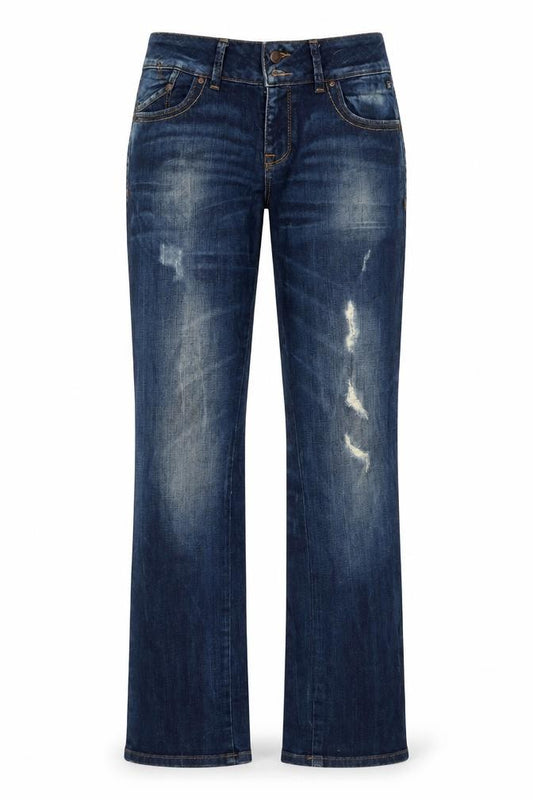 Front view of women’s blue corduroy bootcut jeans, size UK 32, 28-inch leg