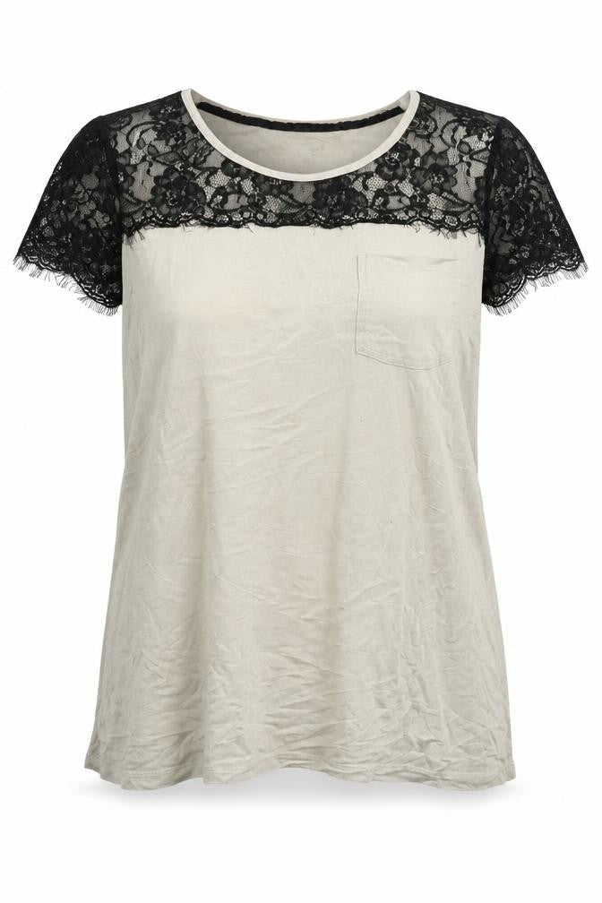 Front view of Next women’s beige basic t-shirt, size UK 16, - lace sleeves
