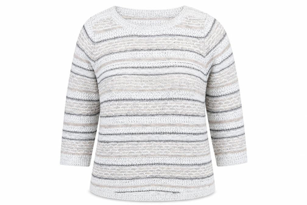 Front view of Bonmarché women’s grey striped jumper, size L