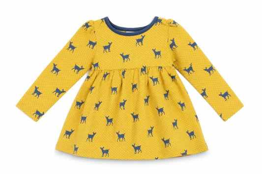 Front view of Mini Club girls’ yellow geometric a-line, size 12-18, months