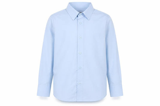 Front view of Shiny Penny boys’ blue basic button-up, size 7-8, years