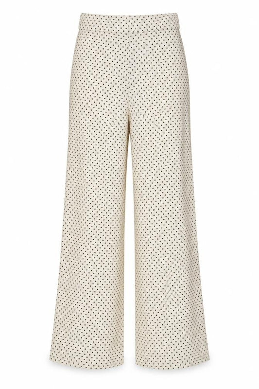 Front view of ASOS women’s ivory polka dot trousers, size UK 8, 31-inch leg - split down side