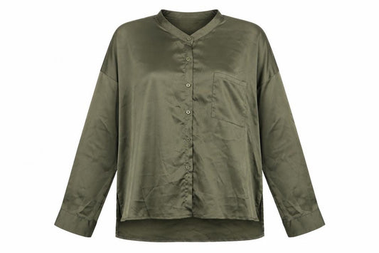 Front view of Misspap women’s green basic button-up, size UK 12