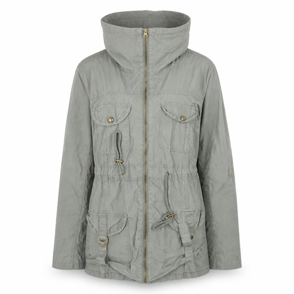 Front view of Denim & Co. women’s green jacket coat, size UK 10