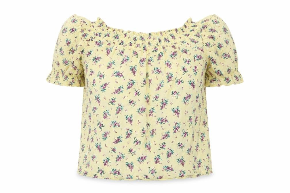 Front view of New Look women’s yellow floral basic t-shirt, size UK 8