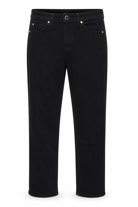 Front view of women’s black denim straight jeans, size UK 26, in, 25-inch leg