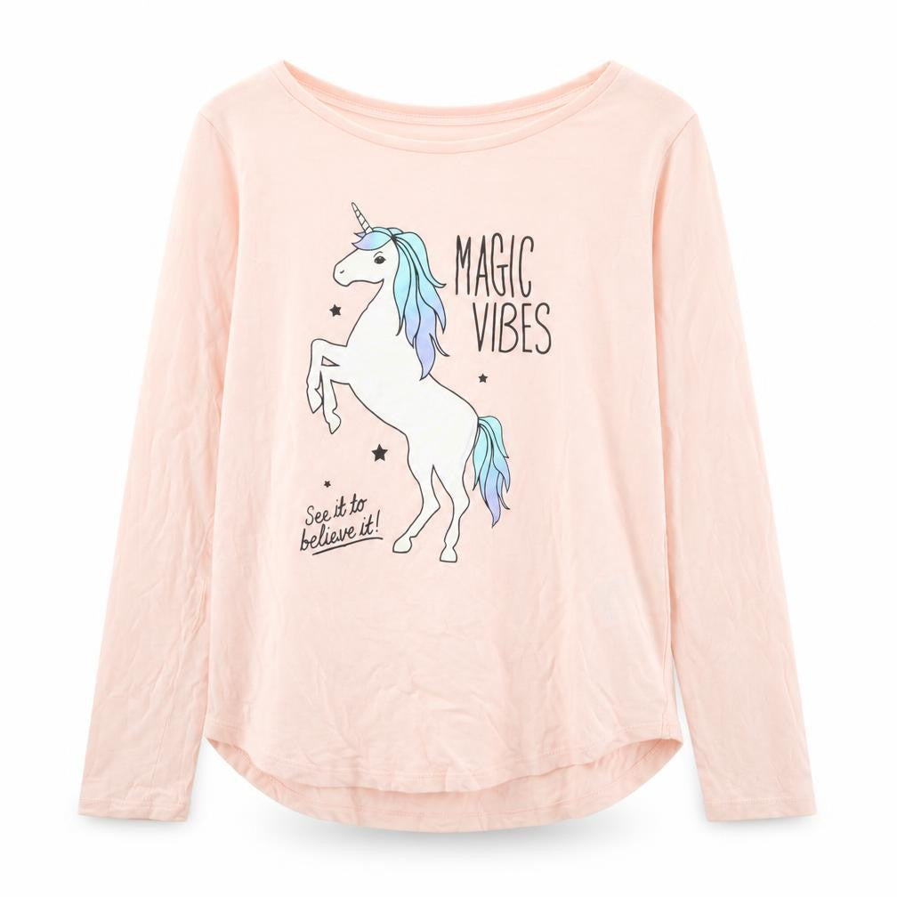 Front view of H&M girls’ pink basic t-shirt, size 11, years - unicorn