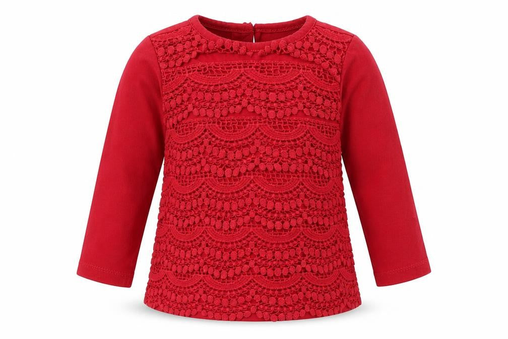 Front view of F&F Baby Red Pullover T-Shirt, size 6-9, Months - Back Button Up, front layered