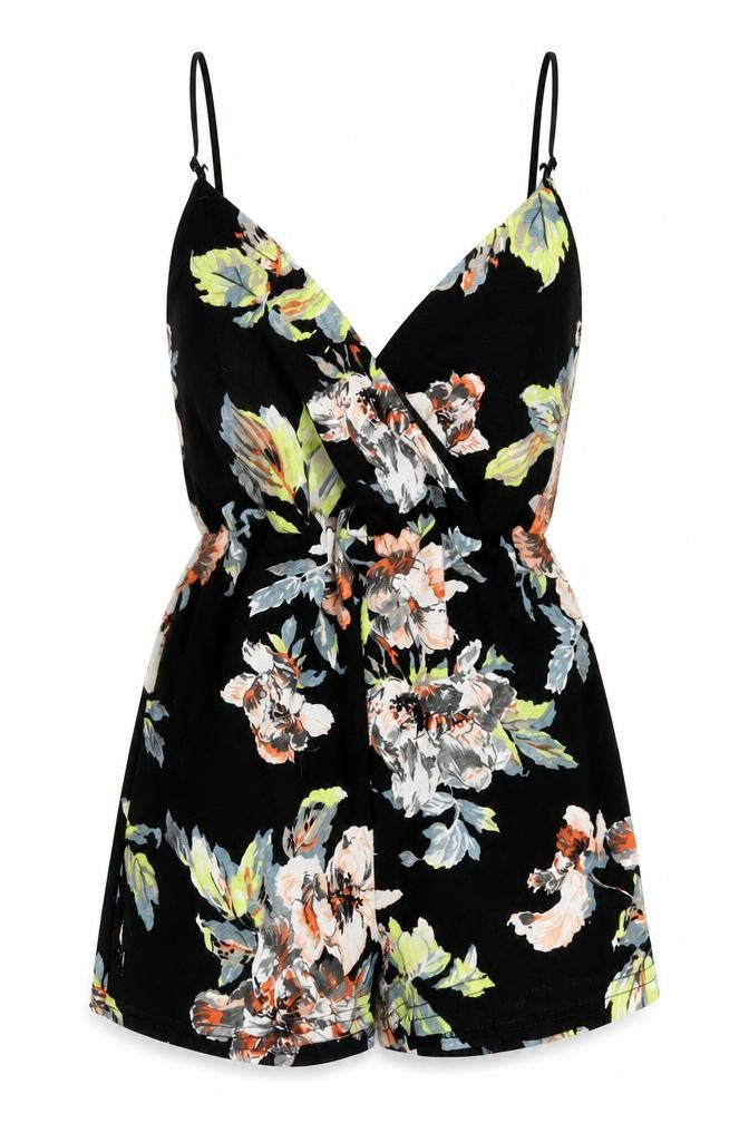 Boohoo Womens Black Floral  Jumpsuit One-Piece Size 4
