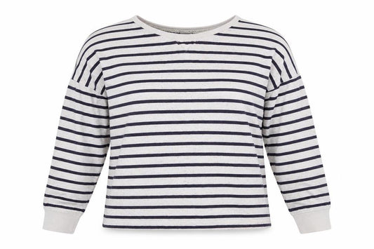 Front view of New Look women’s multicoloured striped pullover sweatshirt, size UK 12