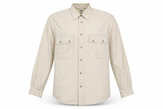 Front view of Preworn men’s beige button-up, size S