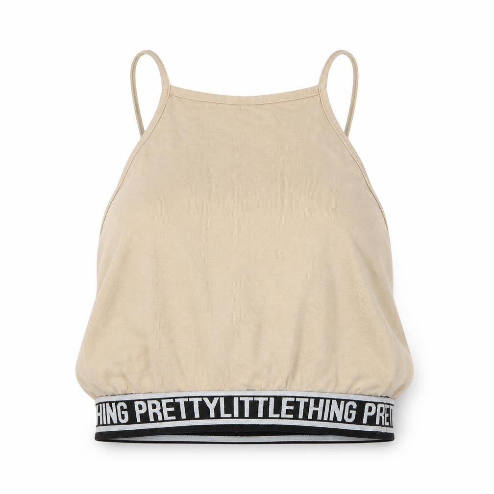 Front view of PRETTYLITTLETHING women’s beige cropped t-shirt, size UK 6