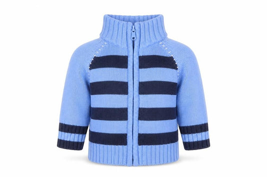Front view of Ka-Boosh boys’ blue full zip jumper, size 0-3, months