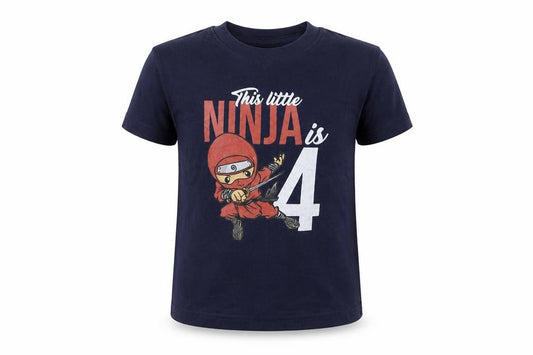 Front view of Matalan boys’ blue basic t-shirt, size 4, years - this little ninja is 4