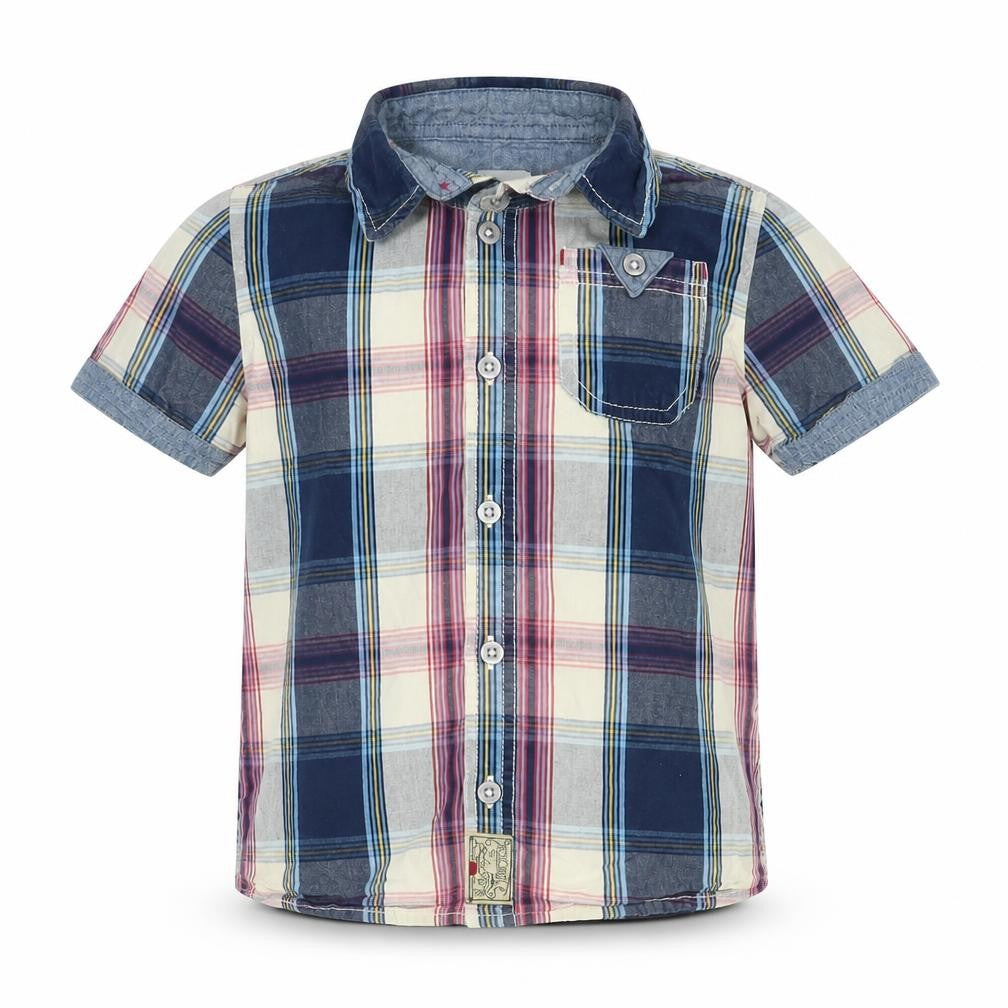 Front view of F&F boys’ beige plaid basic button-up, size 5-6, years