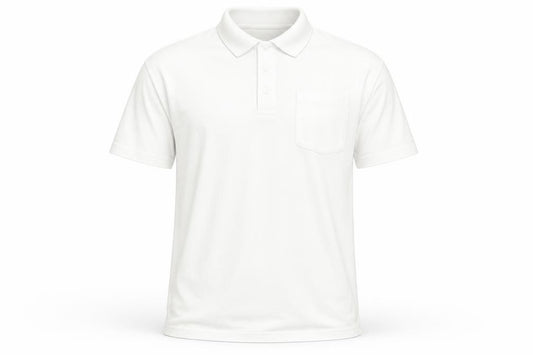 Front view of High Street men’s white polo, size M