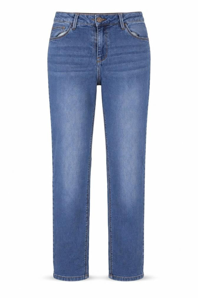 Front view of women’s blue bootcut jeans, size UK 8, 29-inch leg