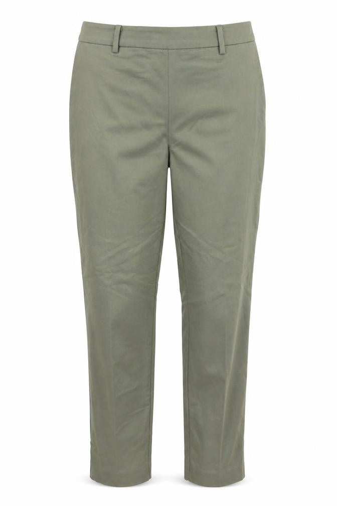 Front view of H&M women’s green trousers, size UK 10, 24-inch leg