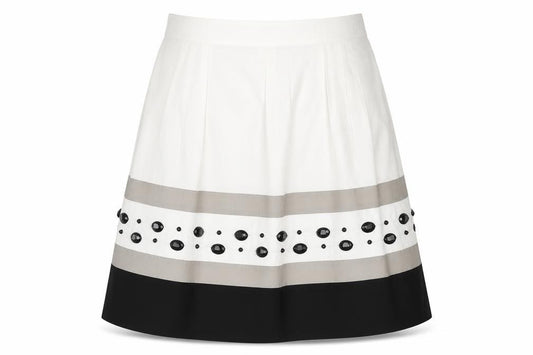 Front view of DKNY women’s white striped flare skirt, size UK 30, in