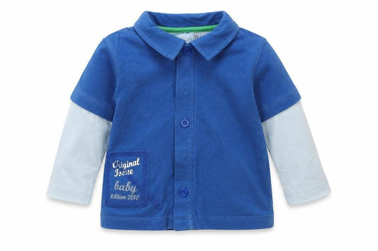 Front view of Cherokee boys’ blue basic button-up, size 3-6, months