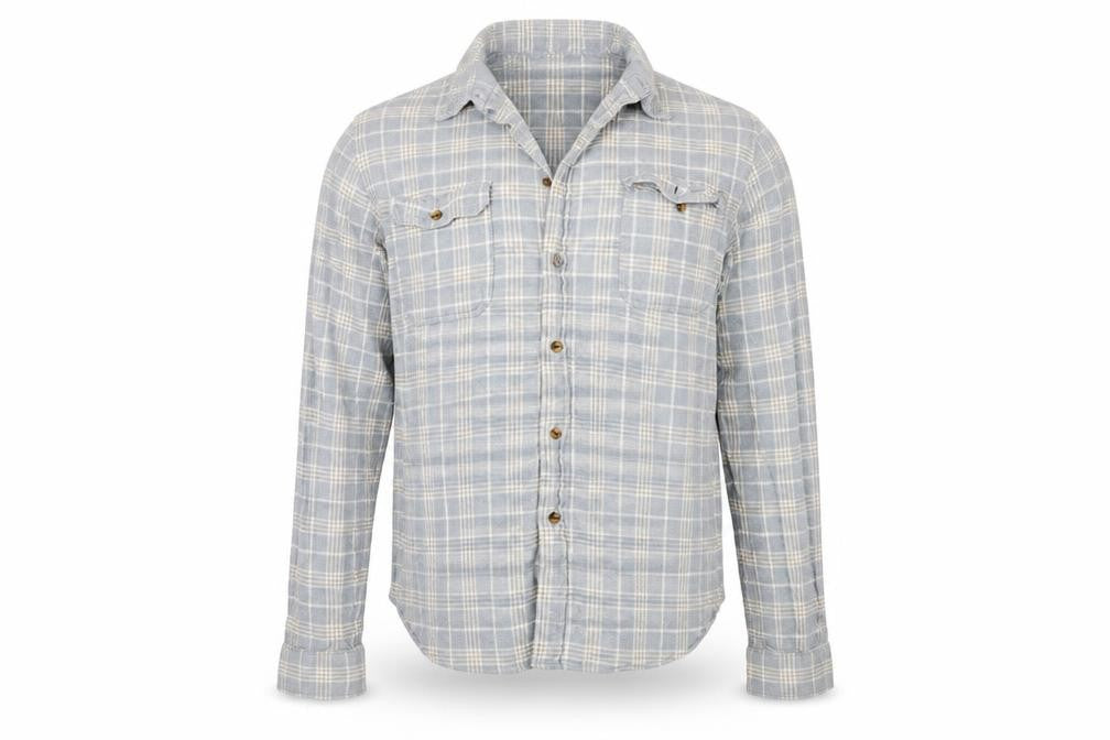Front view of Goodfellows & co men’s grey check button-up, size L