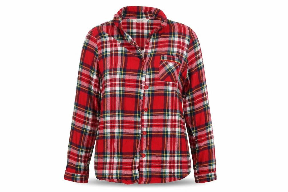 Front view of Love To Lounge women’s red check top pyjama top, size UK 12