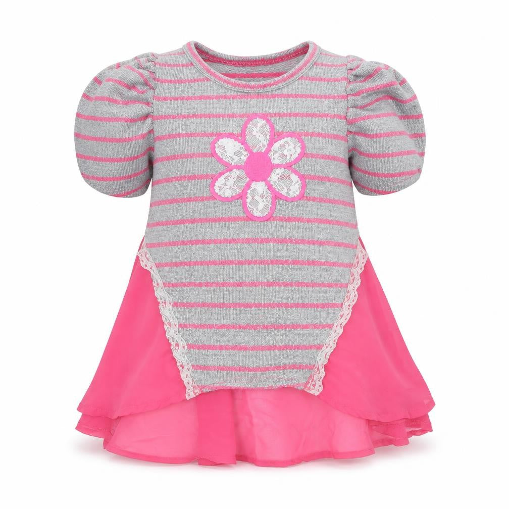 Front view of Little Lass girls’ grey striped basic t-shirt, size 2, years