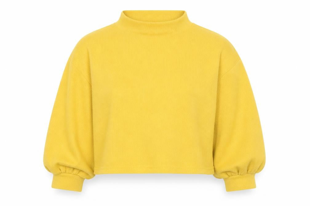 Front view of Preworn women’s yellow jumper, size S, - cropped