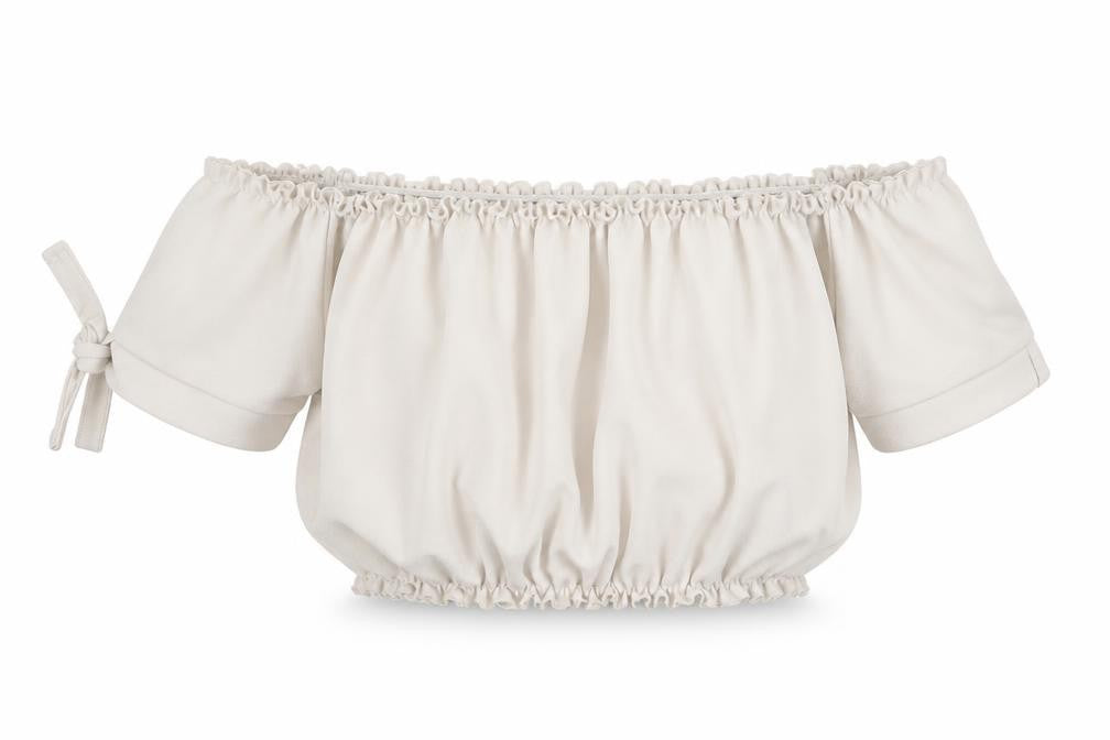 Front view of New Look women’s beige cropped blouse, size UK 6