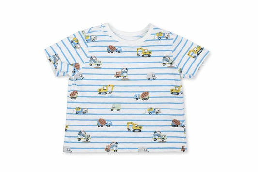 Front view of F&F Baby White Striped Basic T-Shirt, size 6-9, Months - diggers