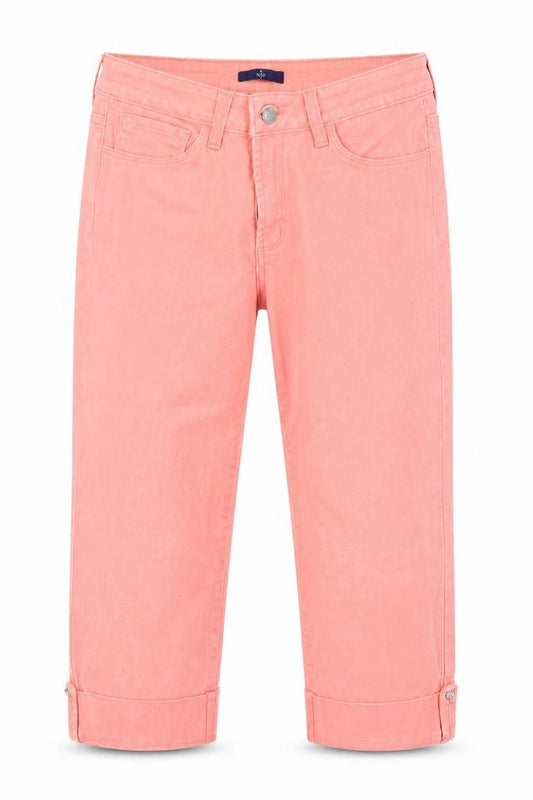 Front view of YNXDJ women’s pink capri jeans, size UK 6, 20-inch leg