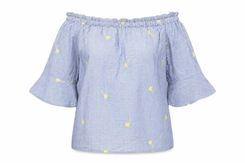 Front view of F&F women’s blue floral basic t-shirt, size UK 6