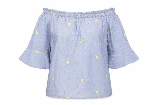 Front view of F&F women’s blue floral basic t-shirt, size UK 6