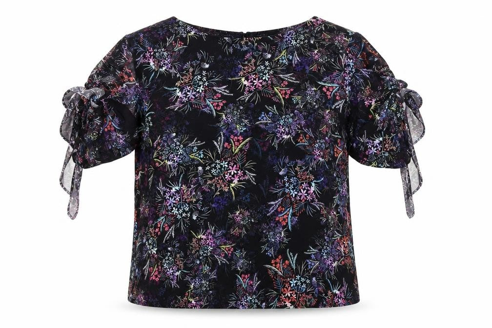 Front view of H&M women’s black floral basic blouse, size UK 14