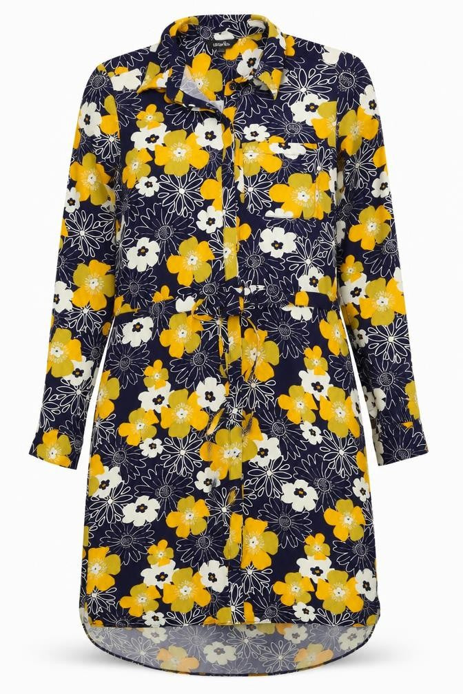 Front view of label be women’s blue floral shift, size UK 10