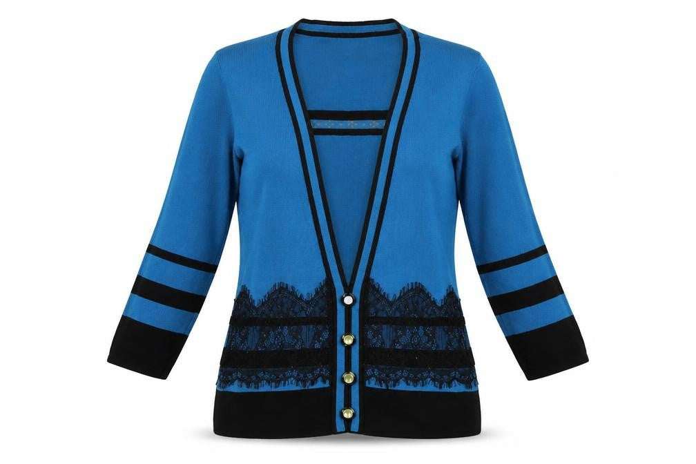 Front view of Casamia women’s blue cardigan jumper, size S