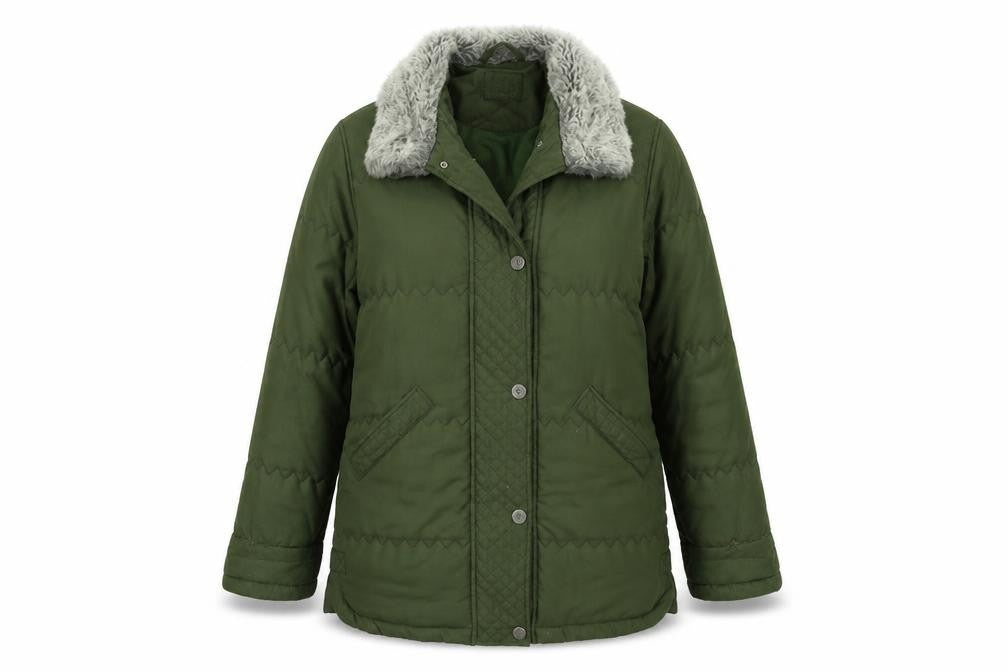 Front view of Damo women’s green overcoat coat, size UK 12