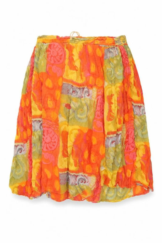 Front view of Preworn women’s orange geometric flare skirt, size UK 42, in