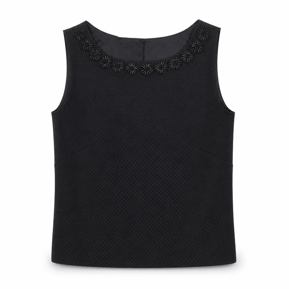 Front view of Dickins & Jones women’s black satin basic blouse, size UK 10, - open back