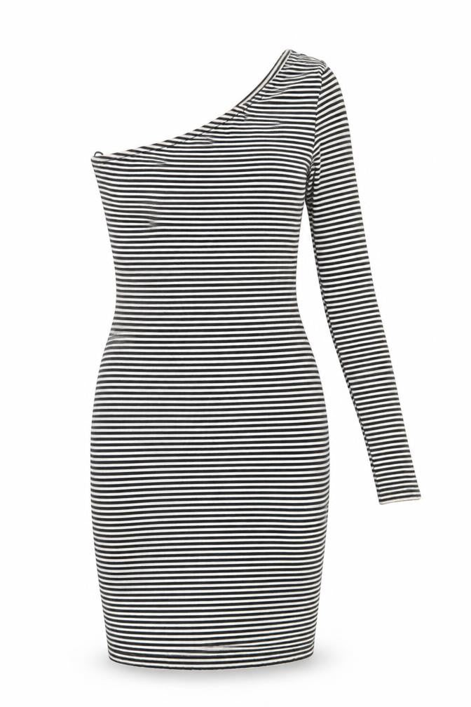 Front view of George women’s black striped jersey ball gown, size UK 8