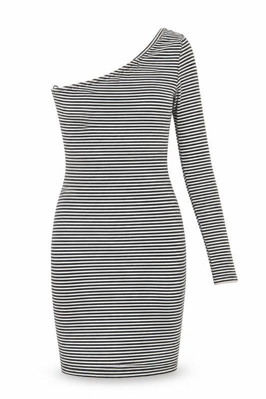 Front view of George women’s black striped jersey ball gown, size UK 8